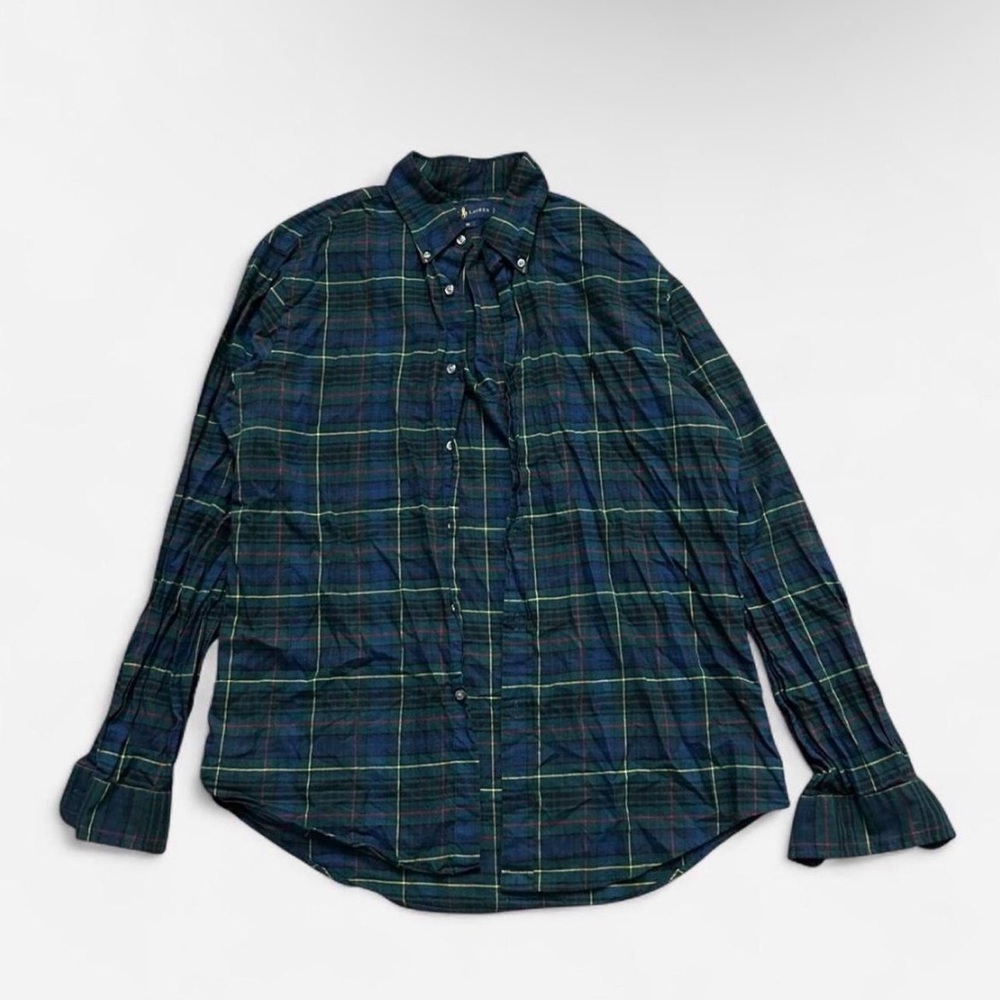 Ralph Lauren Mens Blue and Green Plaid Button-Down Shirt